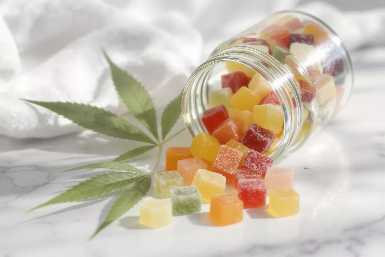 Colorful gummy candies spilled from a jar with a leaf