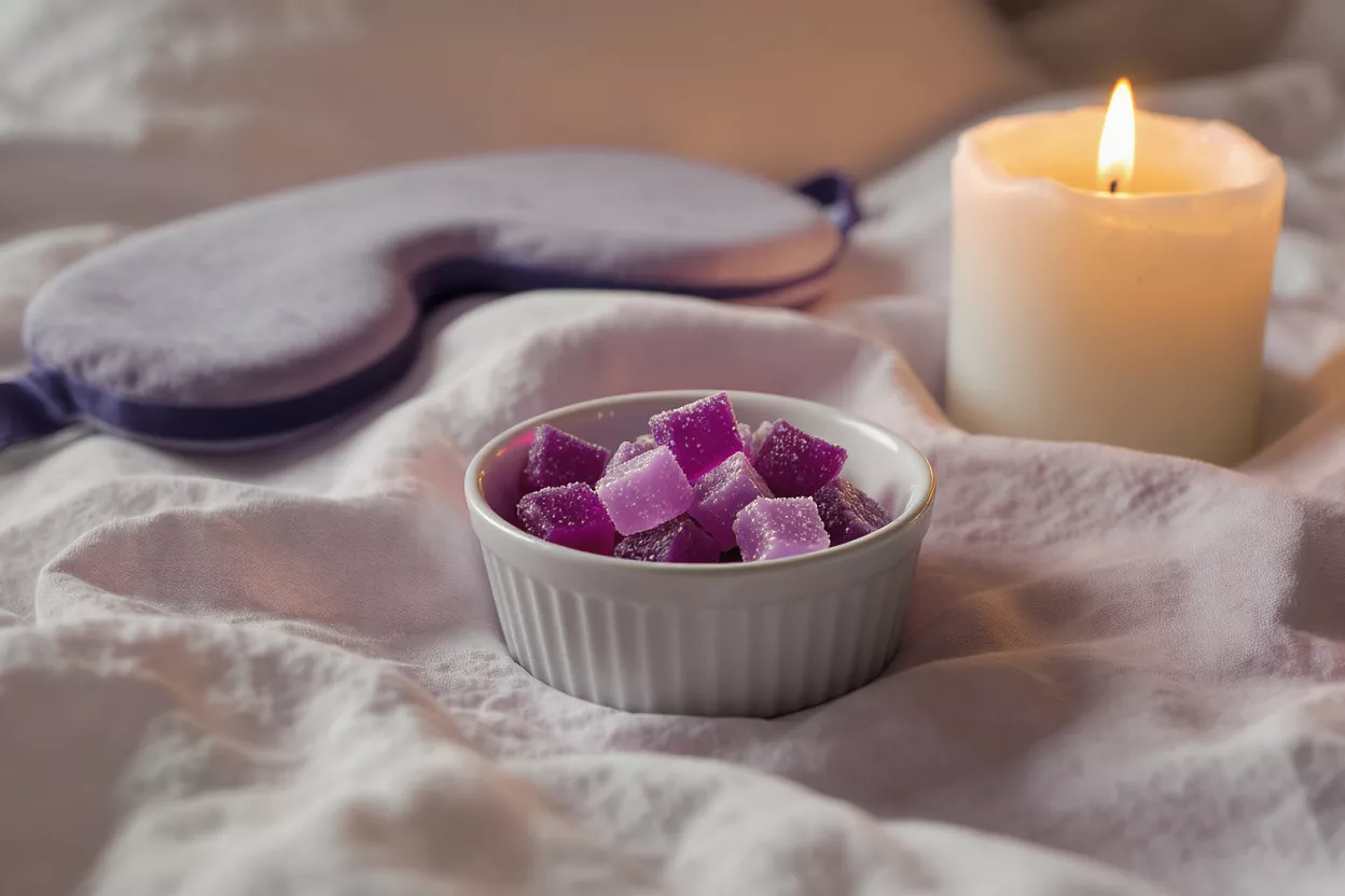 A cozy bed scene with gummies, candle, and eye mask