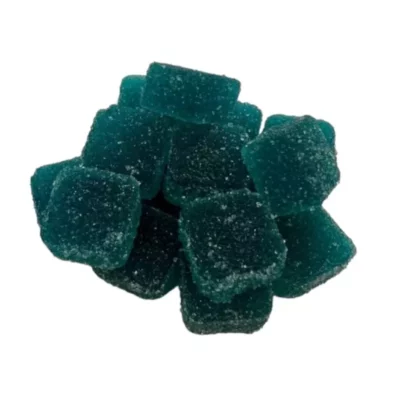 Teal gummy candies with sparkling sugar coating.