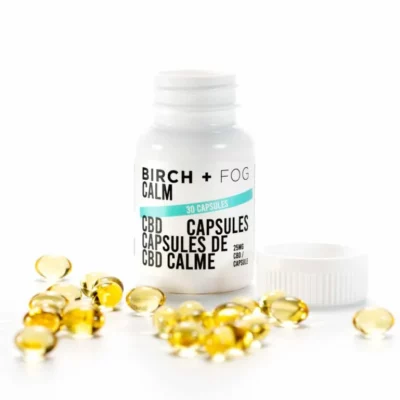 Birch + Fog 30 CBD Calm Capsules, 25mg each for wellness and relaxation.