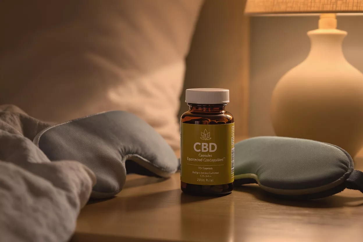 CBD Capsules for Restful Sleep CBD capsules, two sleep masks, and a lamp on a nightstand.