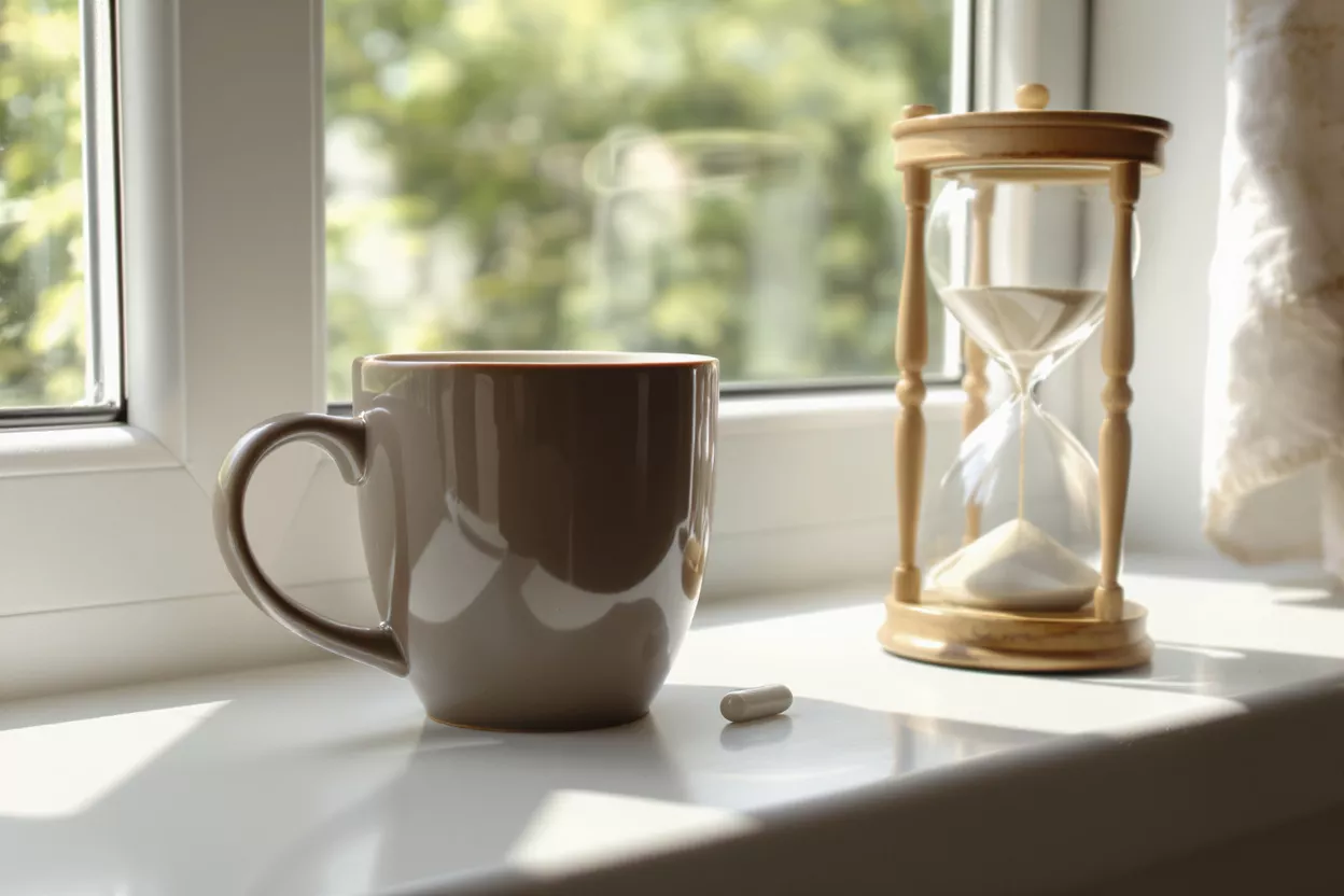 Coffee mug, pill, and hourglass on a sunlit windowsill with green trees outside.