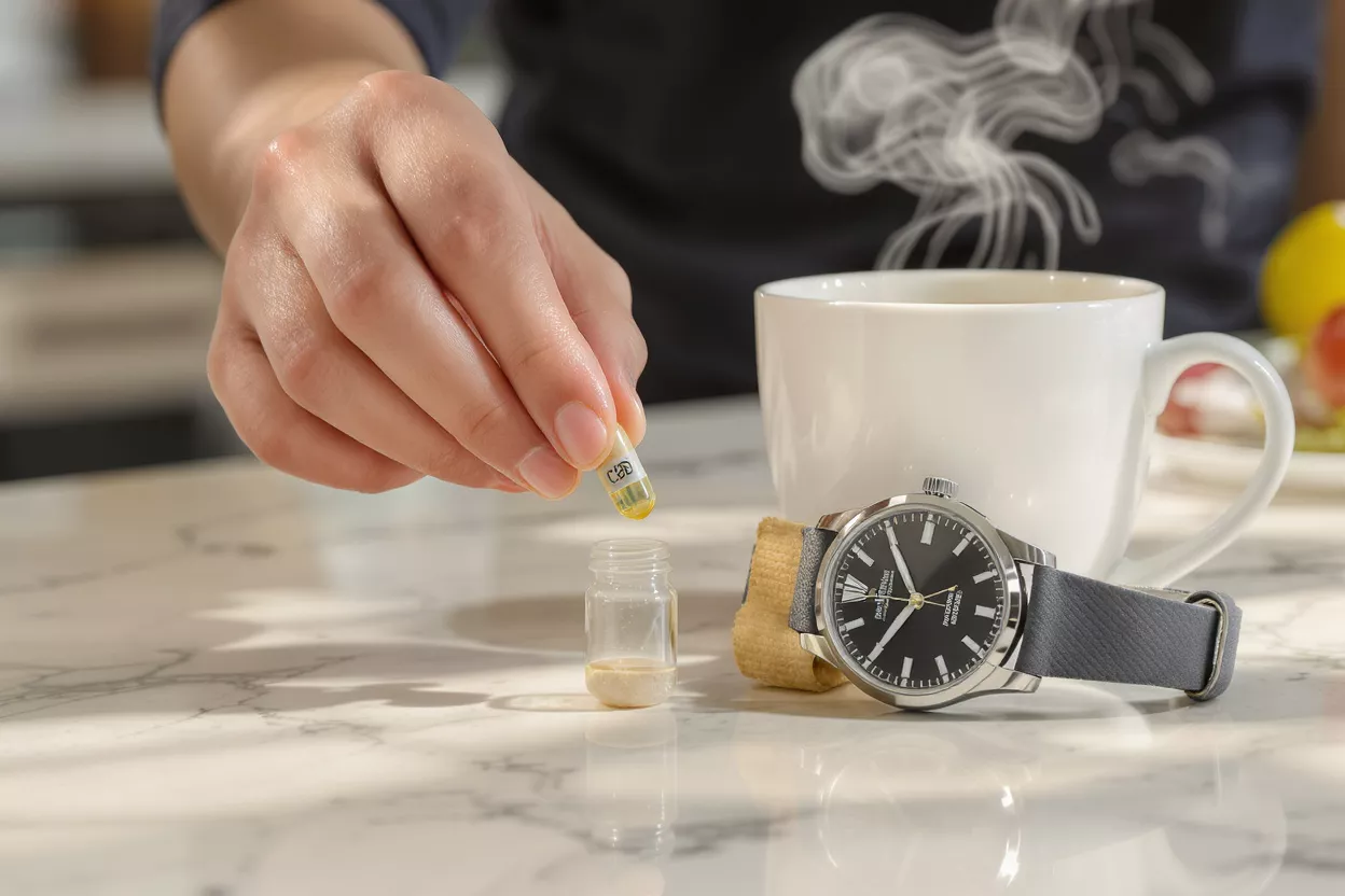 Hand holding CBD capsule over small vial next to coffee cup and watch.