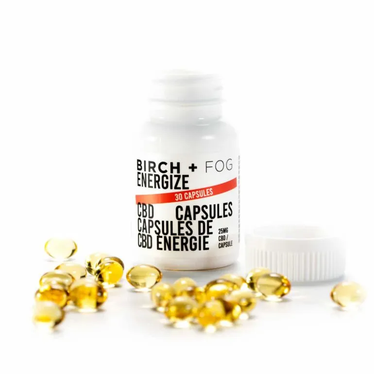 Birch + Fog Energize 25mg CBD Capsules bottle with 30 yellow softgels on white background.