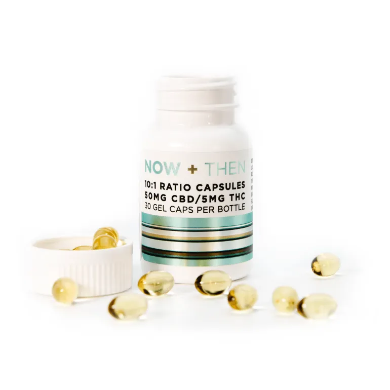 Now + Then CBD/THC 10:1 ratio 50mg capsules, 30 count bottle with scattered gel caps.