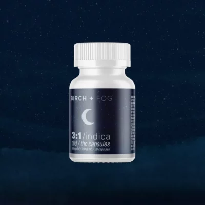 Birch + Fog Indica CBD/THC Capsules - Nighttime Relaxation, 30ct against Starry Sky Background.