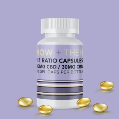 NOW + THEN CBD/CBN 30mg capsules, 30 count bottle on purple background.