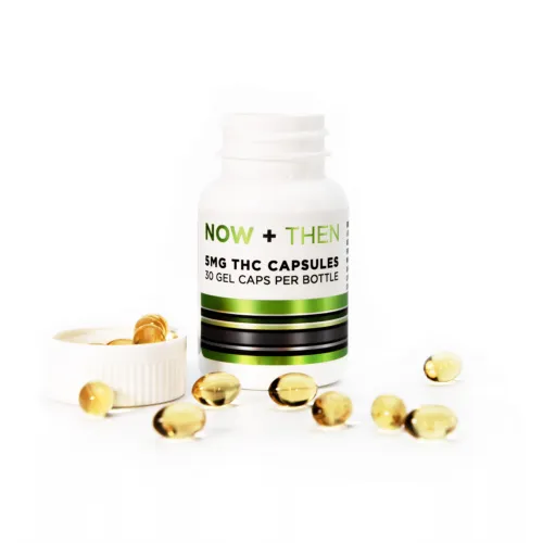 NOW + THEN THC capsules, 30 count bottle with 5MG gel caps on white background.