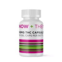 Now + Then 50mg THC gel capsules, 30 count bottle with modern design.
