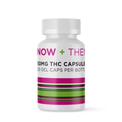 Now + Then 50mg THC gel capsules, 30 count bottle with modern design.