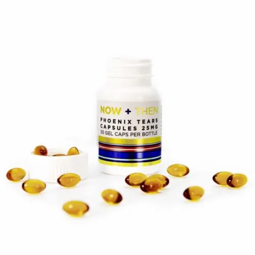 Phoenix Tears 25mg rejuvenation capsules, 30-count bottle with visible golden-yellow gel caps.