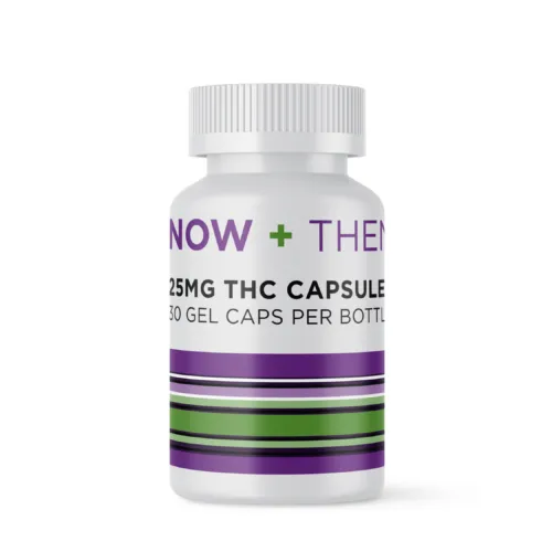 NOW + THEN 25mg THC capsules - Health supplement bottle with 30 gel caps.