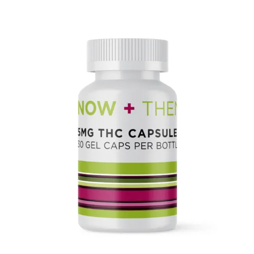30-count bottle of 5mg THC capsules with child-resistant cap for medicinal use.