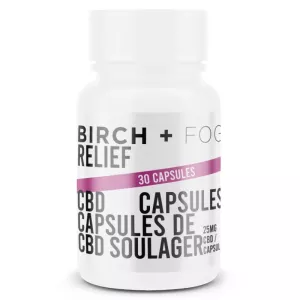 CBD relief capsules by Birch + Fog in a white bottle with magenta stripe, 25mg per capsule.