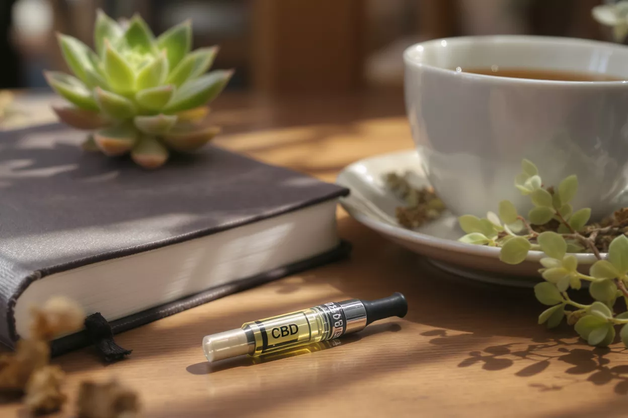 CBD oil next to a cup of tea and a book