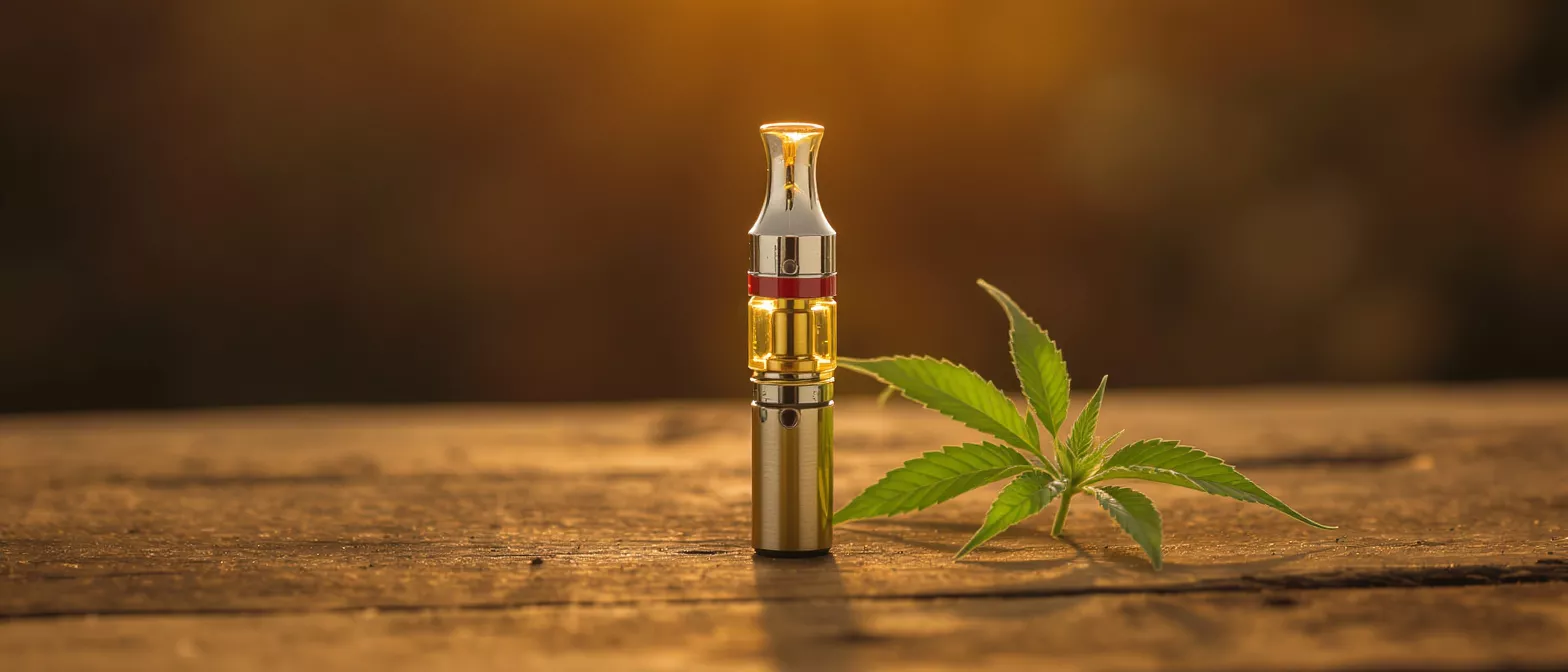 A vape pen next to a green cannabis leaf