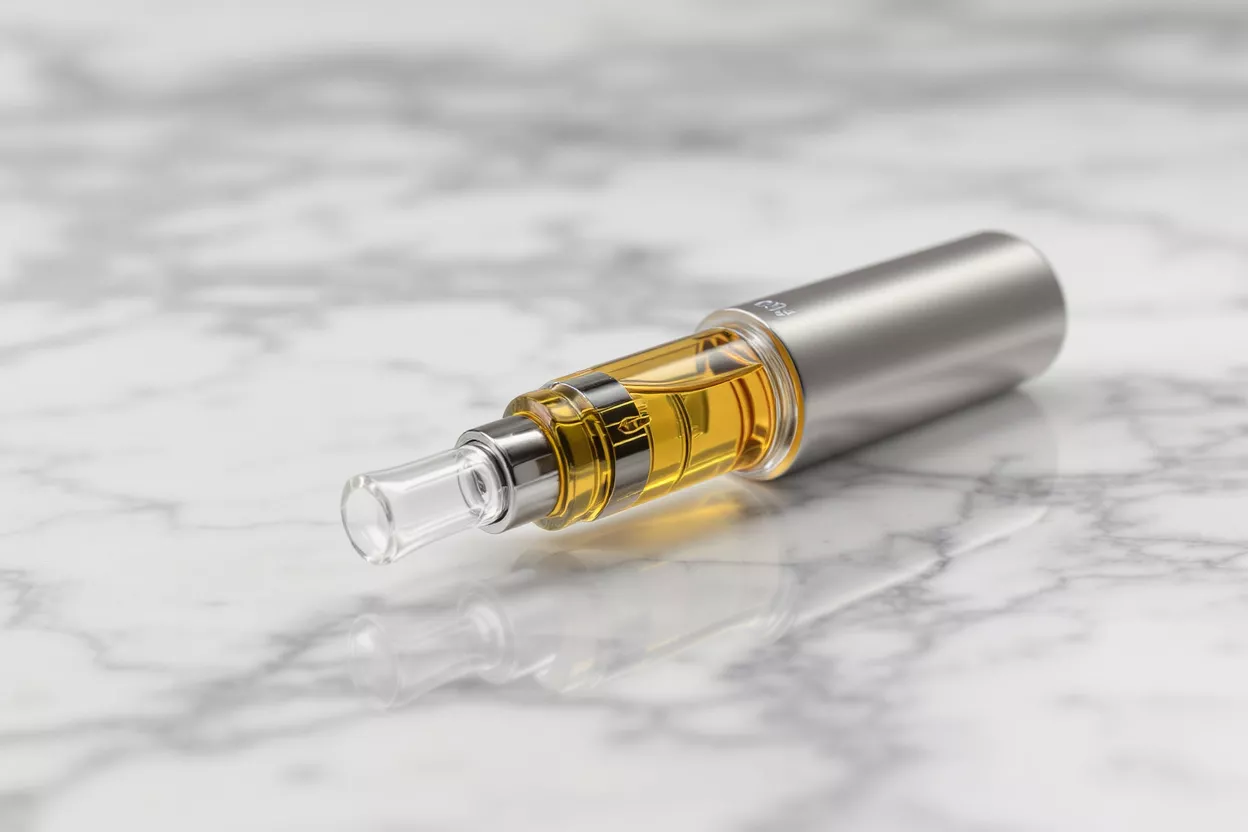 A vape pen resting on a marble surface