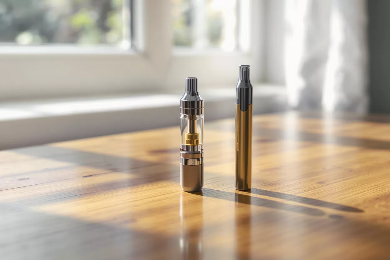 Two stylish vape devices on a wooden table