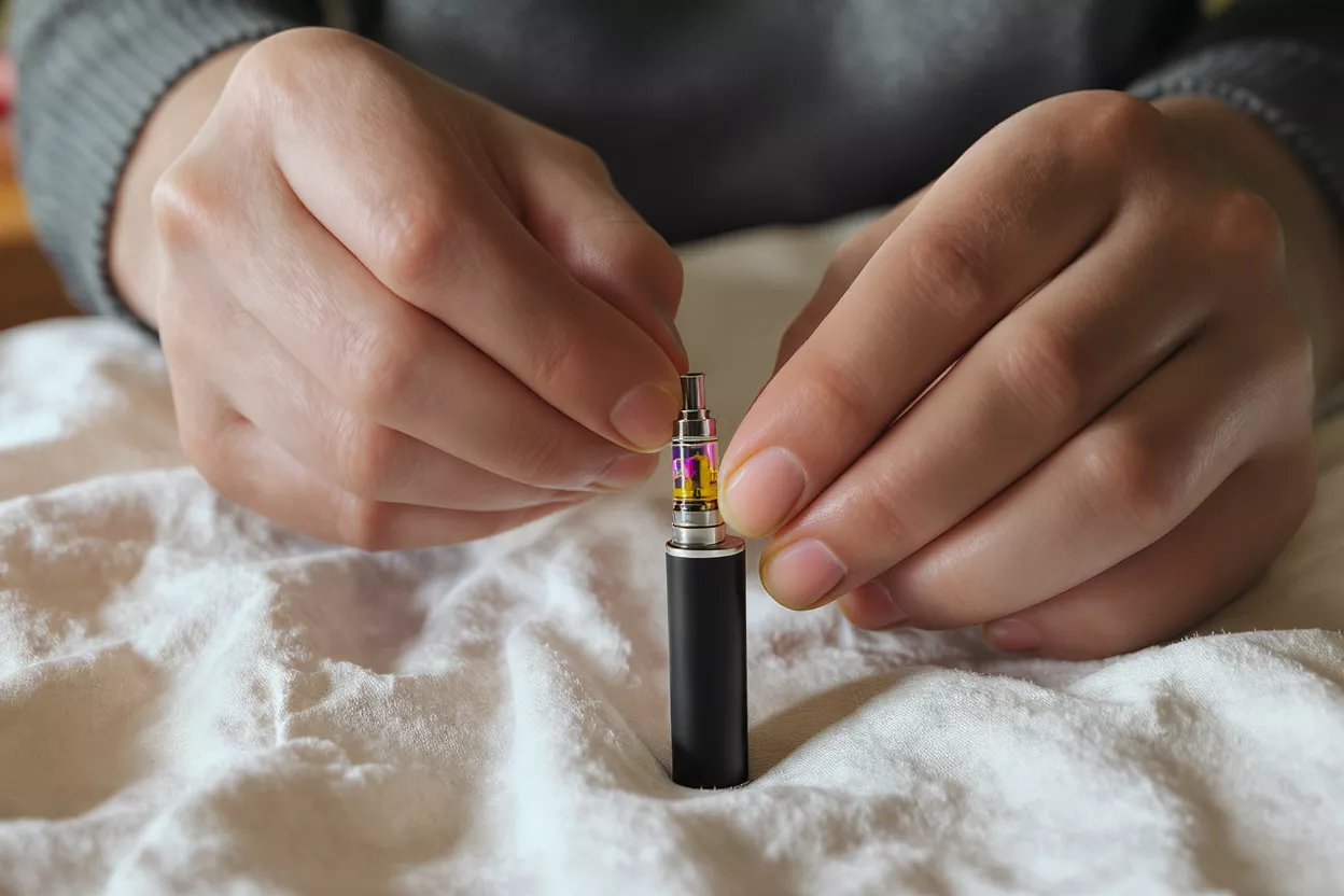 Person assembling a vaping device on a cloth