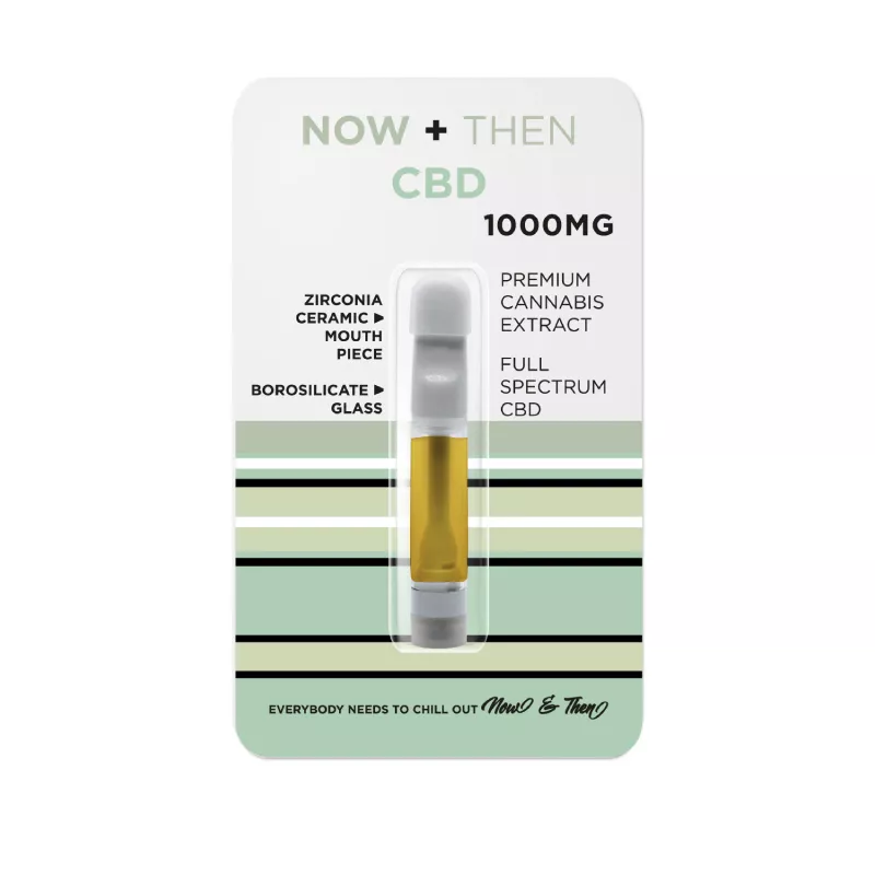 Now & Then CBD cartridge with 1000mg full-spectrum cannabis extract and ceramic mouthpiece.