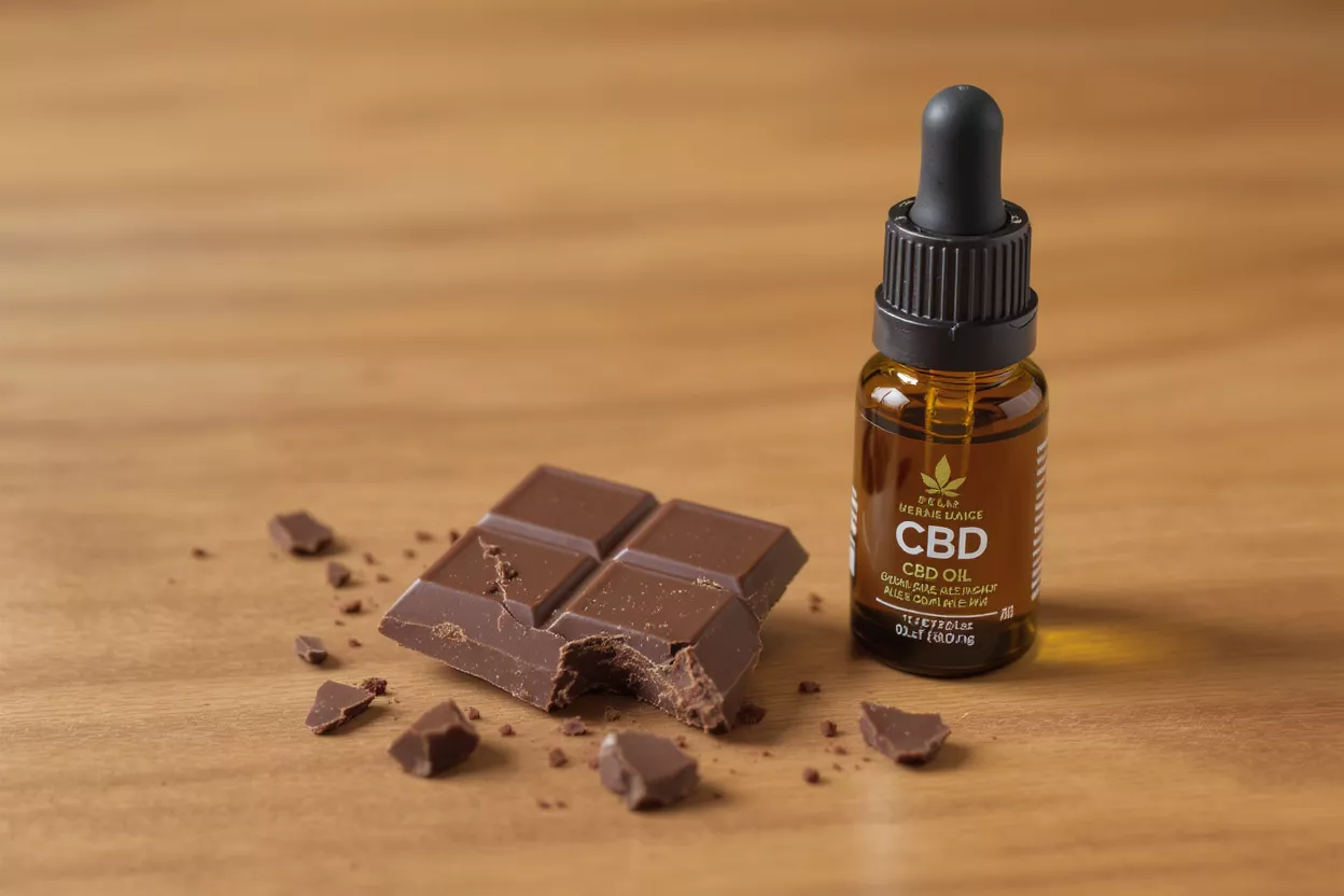 A CBD oil dropper bottle next to a bitten chocolate bar on a wooden surface.