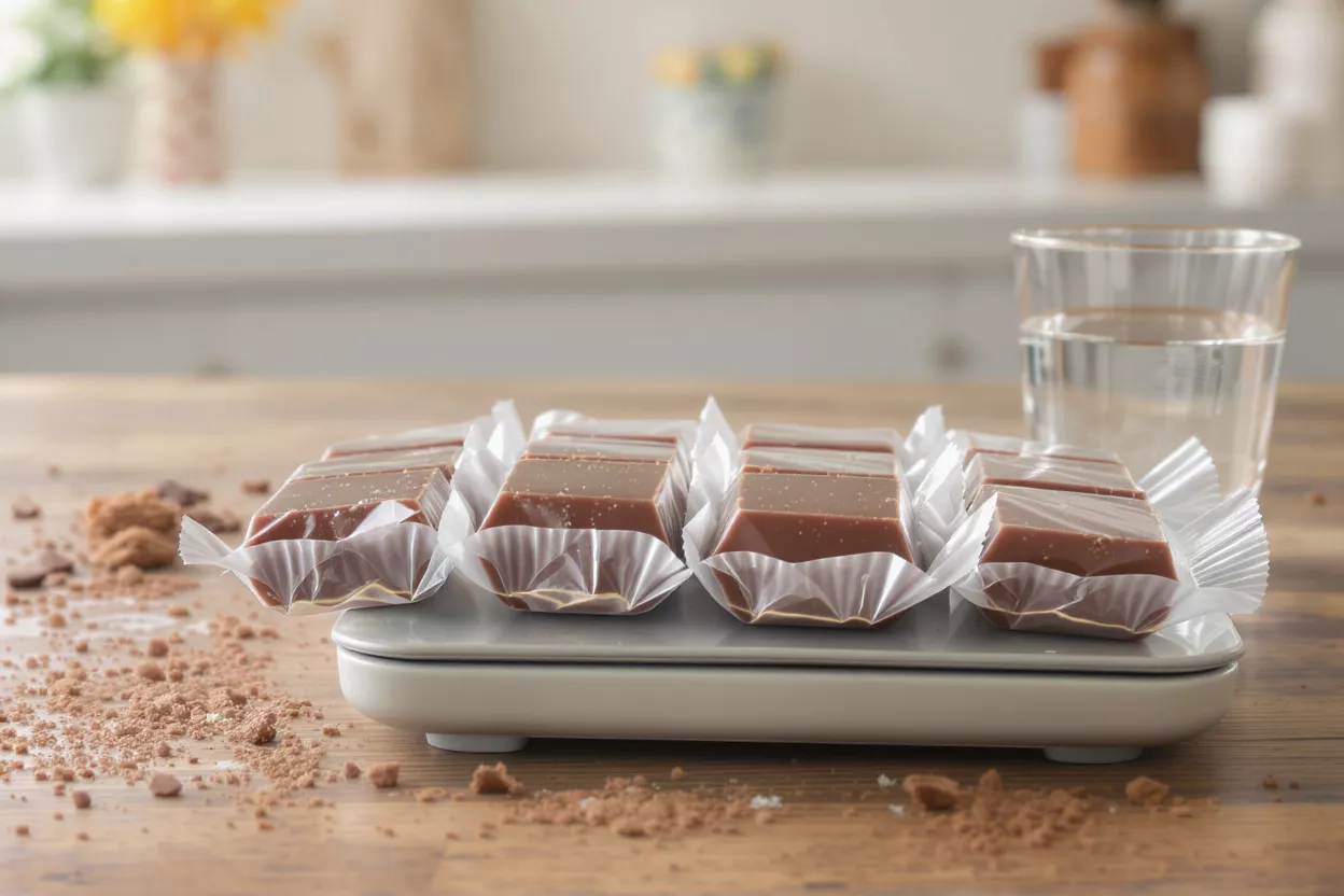 Several individually wrapped chocolate bars on a white tray with a glass of water.