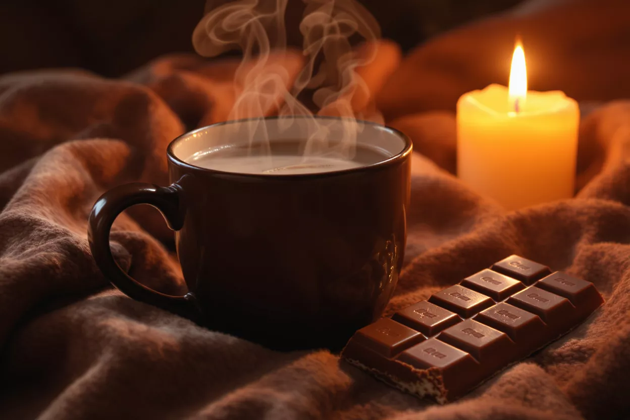 Steaming hot chocolate, chocolate bar, and lit candle on a warm blanket.