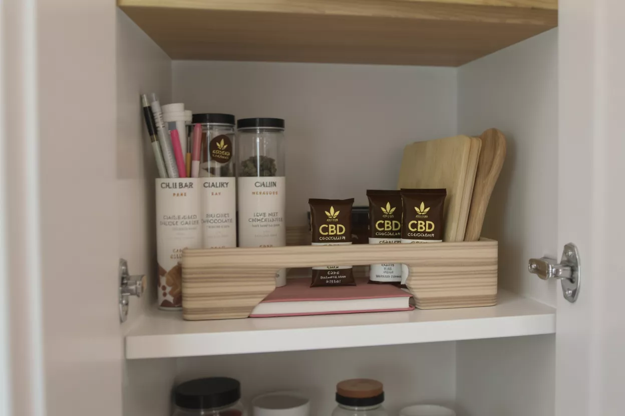 A neatly organized pantry shelf with CBD chocolates, jars, and kitchen utensils.