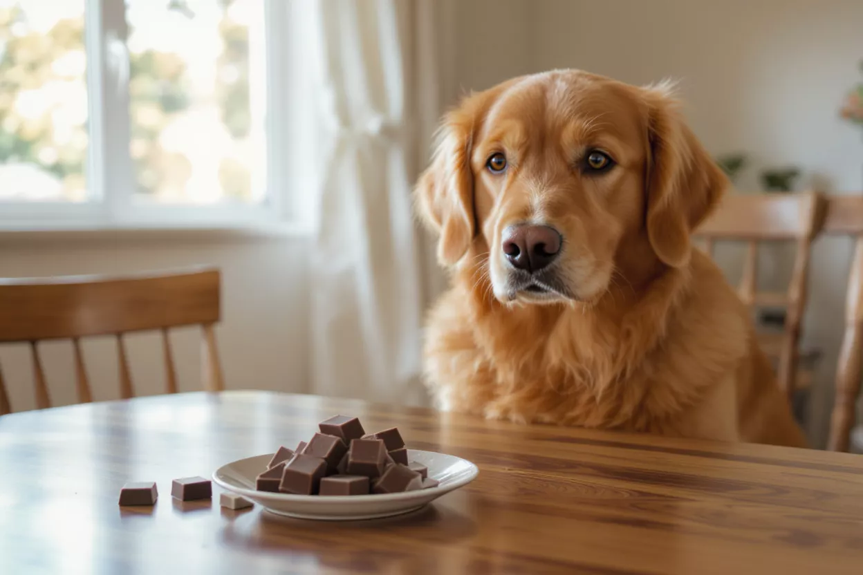 Golden retriever looking at a plate of chocolate on a wooden table.