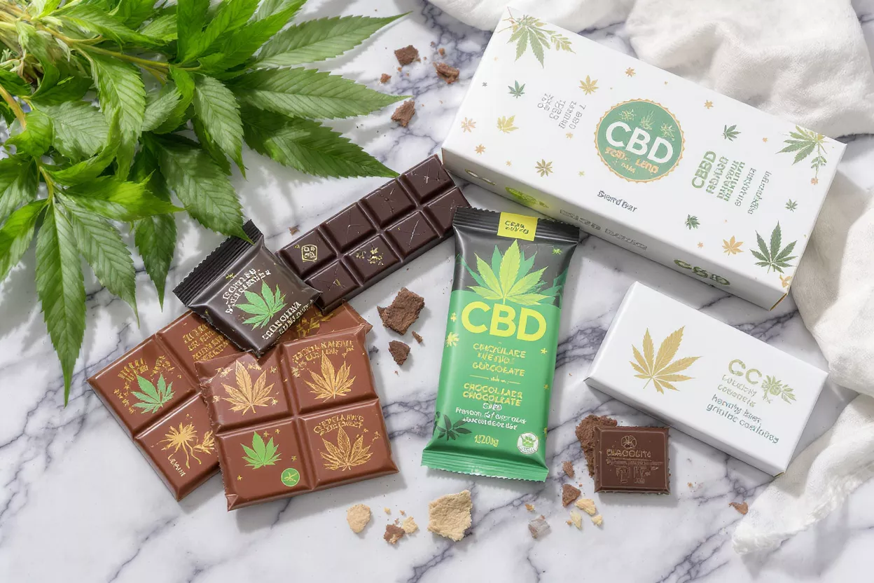 Assortment of CBD chocolate bars, packaging, and cannabis leaves on a marble surface.