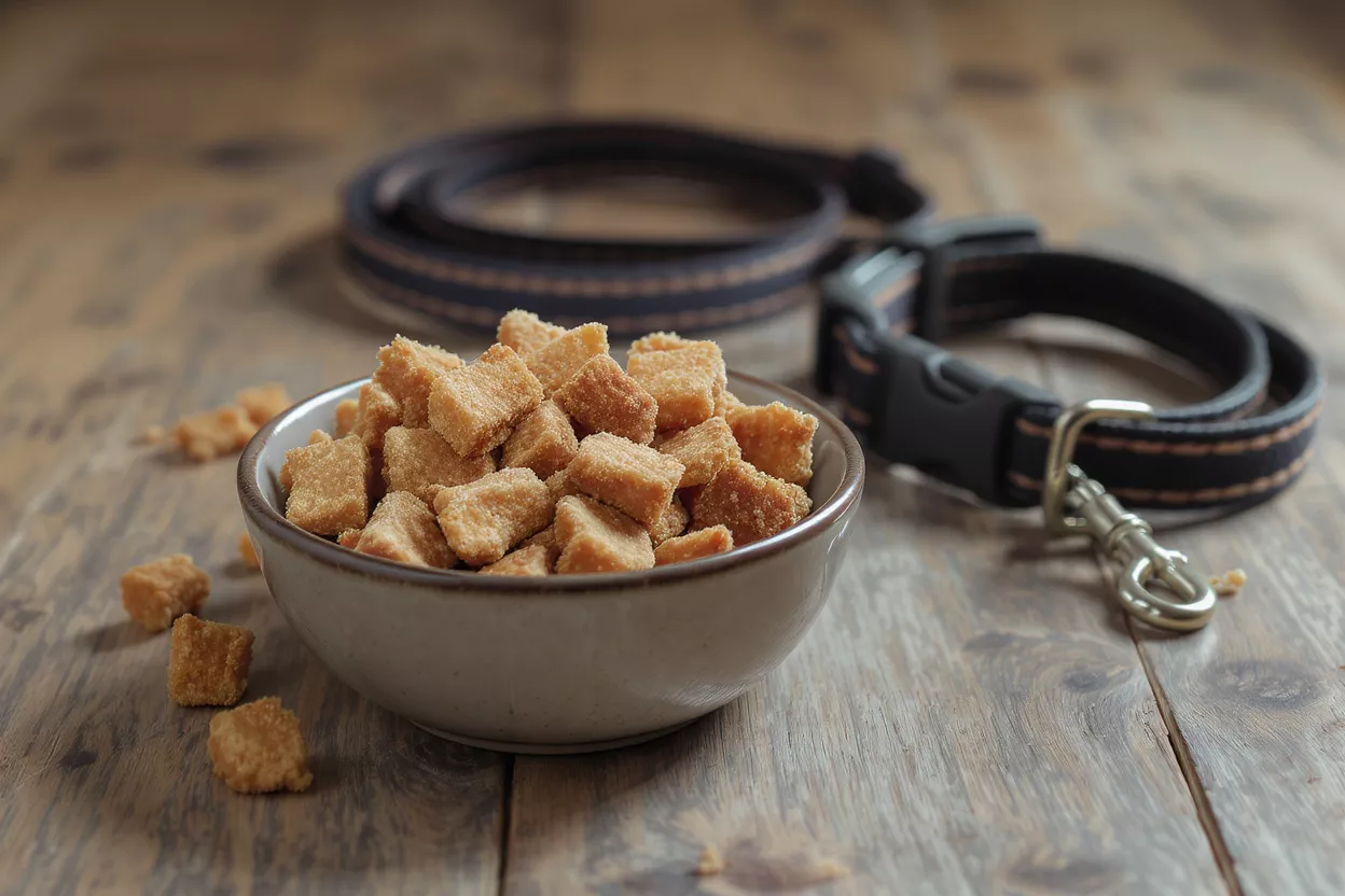 Bowl of dog treats with a black and tan leash and collar.