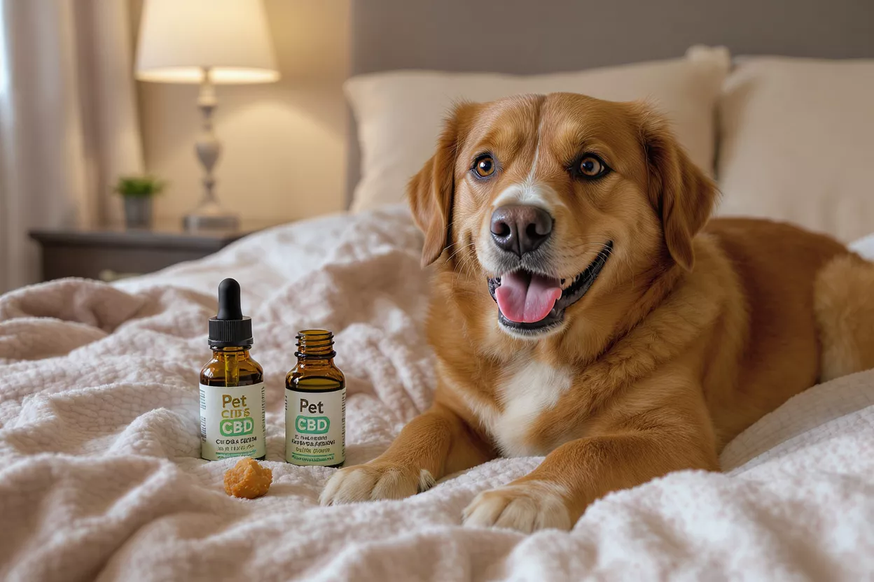 A golden retriever dog lying on a bed with two bottles of Pet CBD oil.