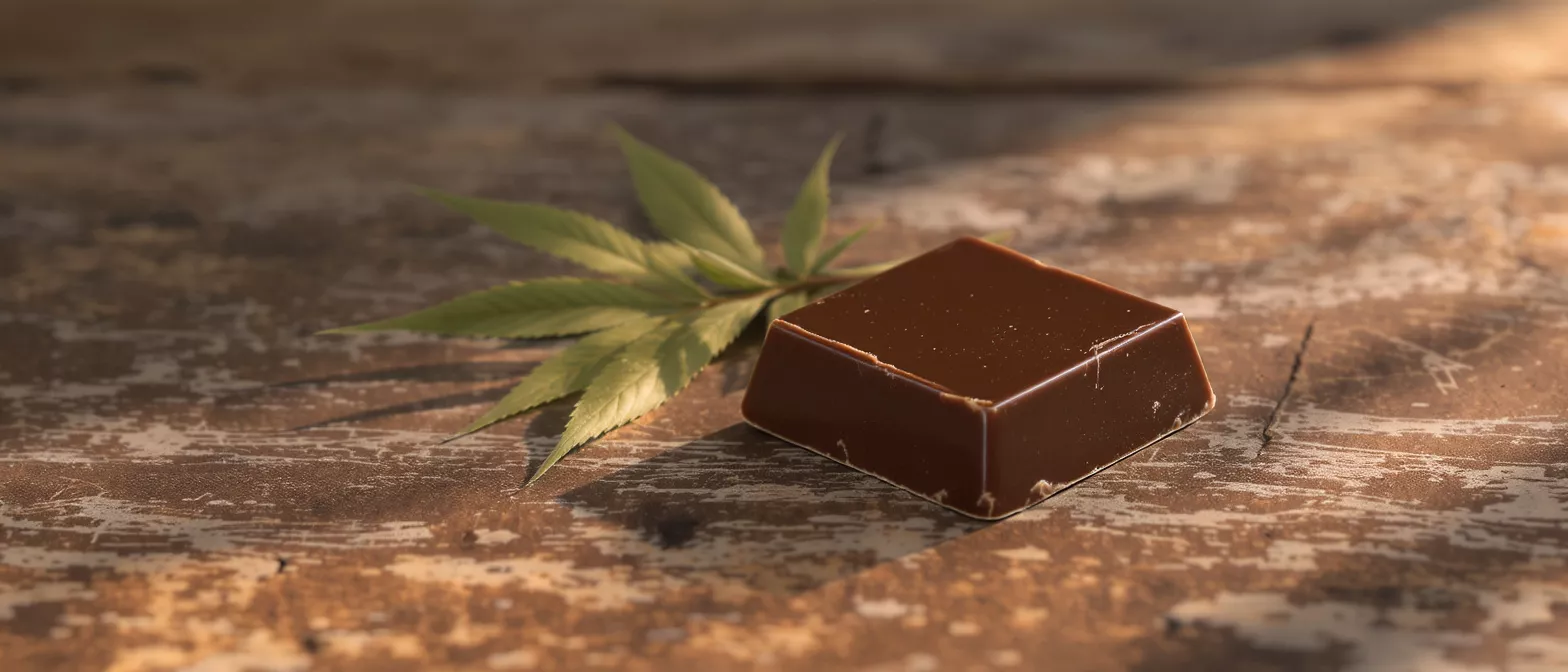A piece of chocolate beside a cannabis leaf