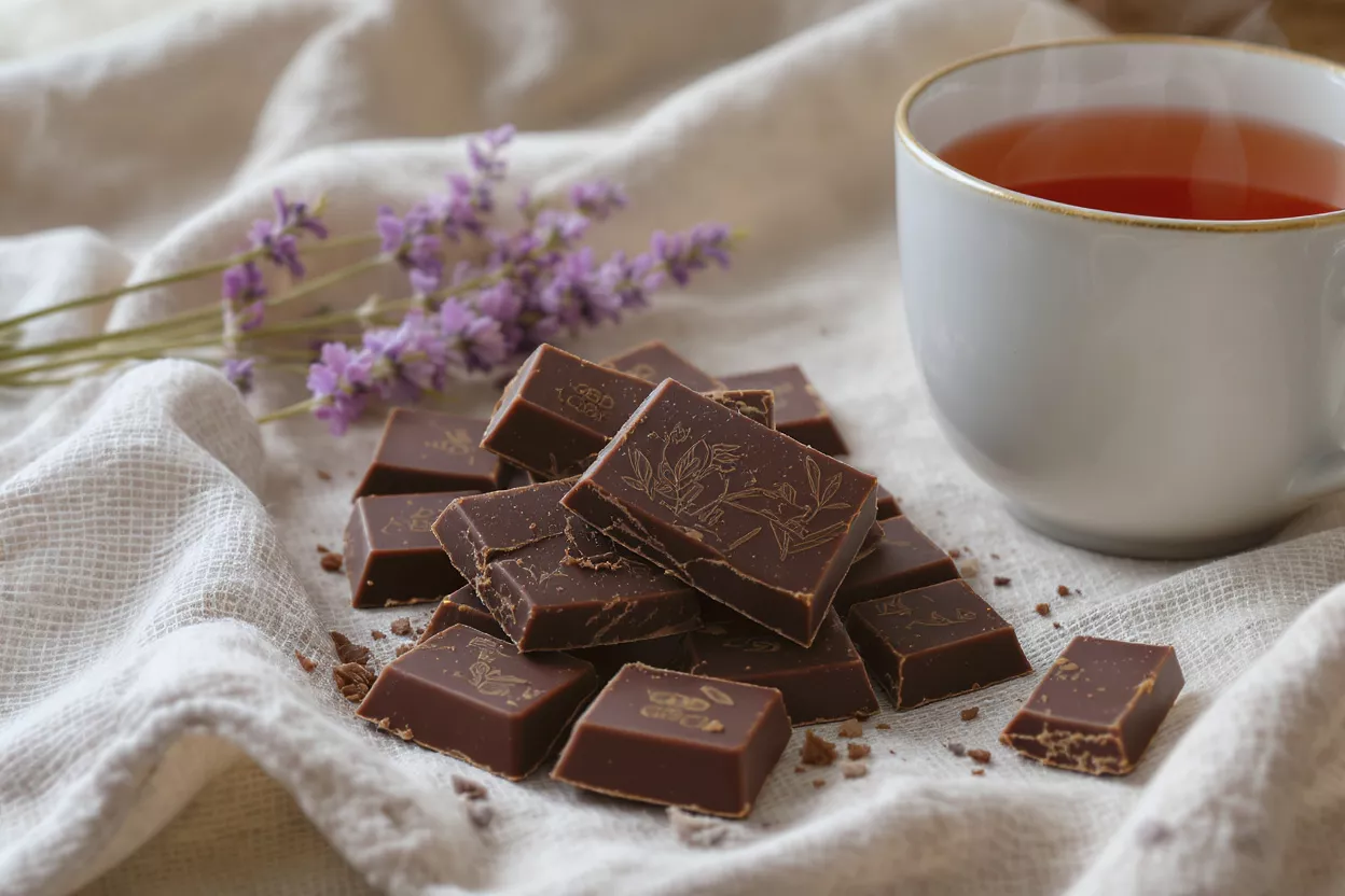 Cuadrados de chocolate negro con lavanda y una taza de té sobre un paño de lino.