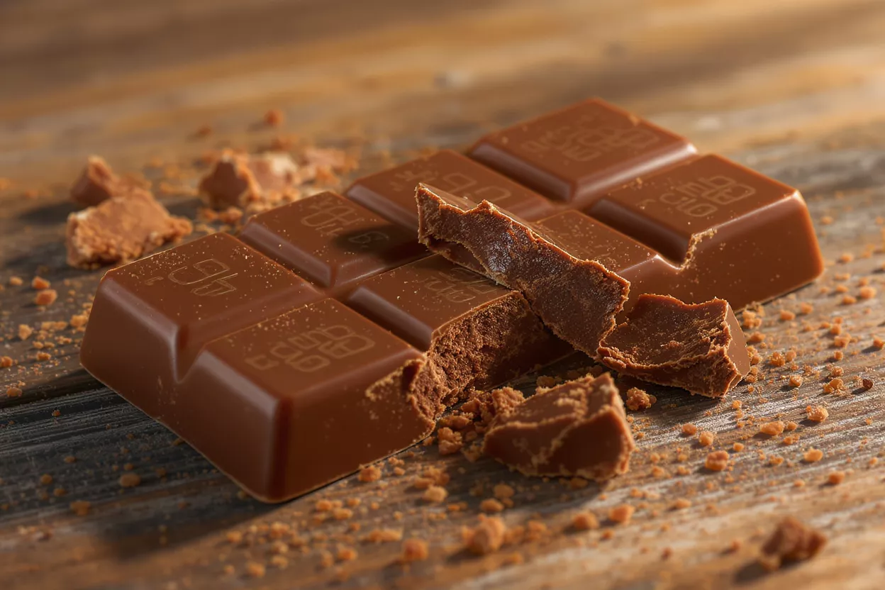 Una tableta de chocolate con leche rota con migas esparcidas sobre una superficie de madera.