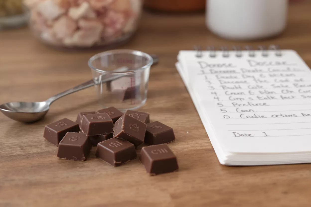 Cuadrados de chocolate, cuchara medidora y un bloc de notas con una receta escrita a mano sobre una mesa de madera.