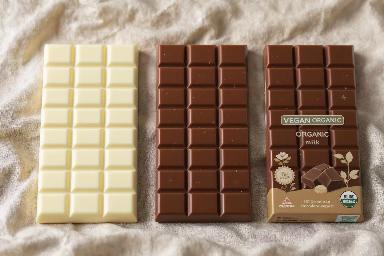 Tres barras de chocolate: blanco, con leche y con leche vegana orgánica.