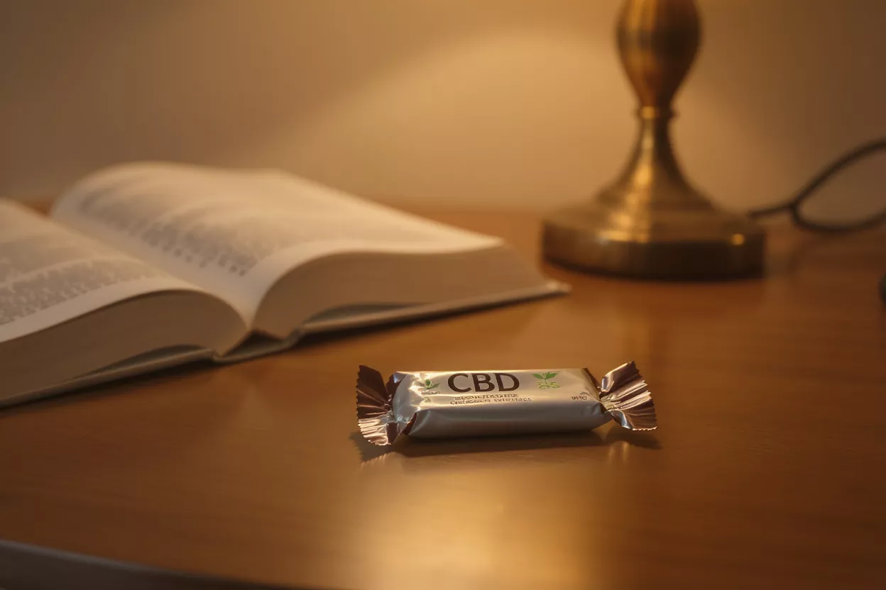 Barra de CBD en una mesita de noche de madera junto a un libro abierto y una lámpara.