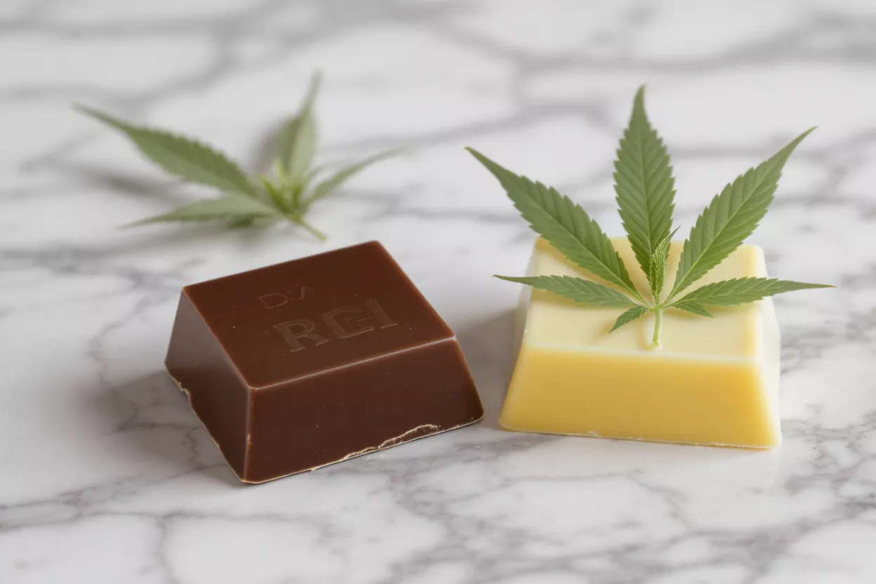 Dos bloques infusionados con cannabis, uno de chocolate y otro de mantequilla, con hojas de cannabis.