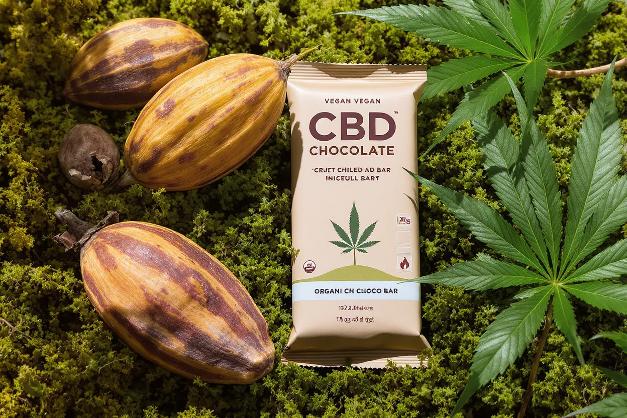 Tableta de chocolate CBD vegana con vainas de cacao y hojas de cáñamo sobre musgo.