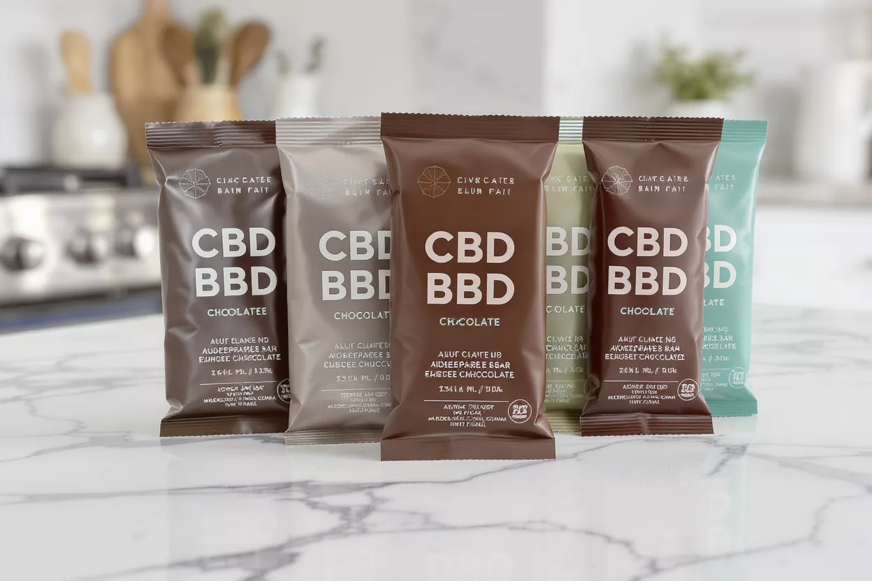 Una variedad de barras de chocolate con CBD en envases de diferentes colores sobre un mostrador blanco.