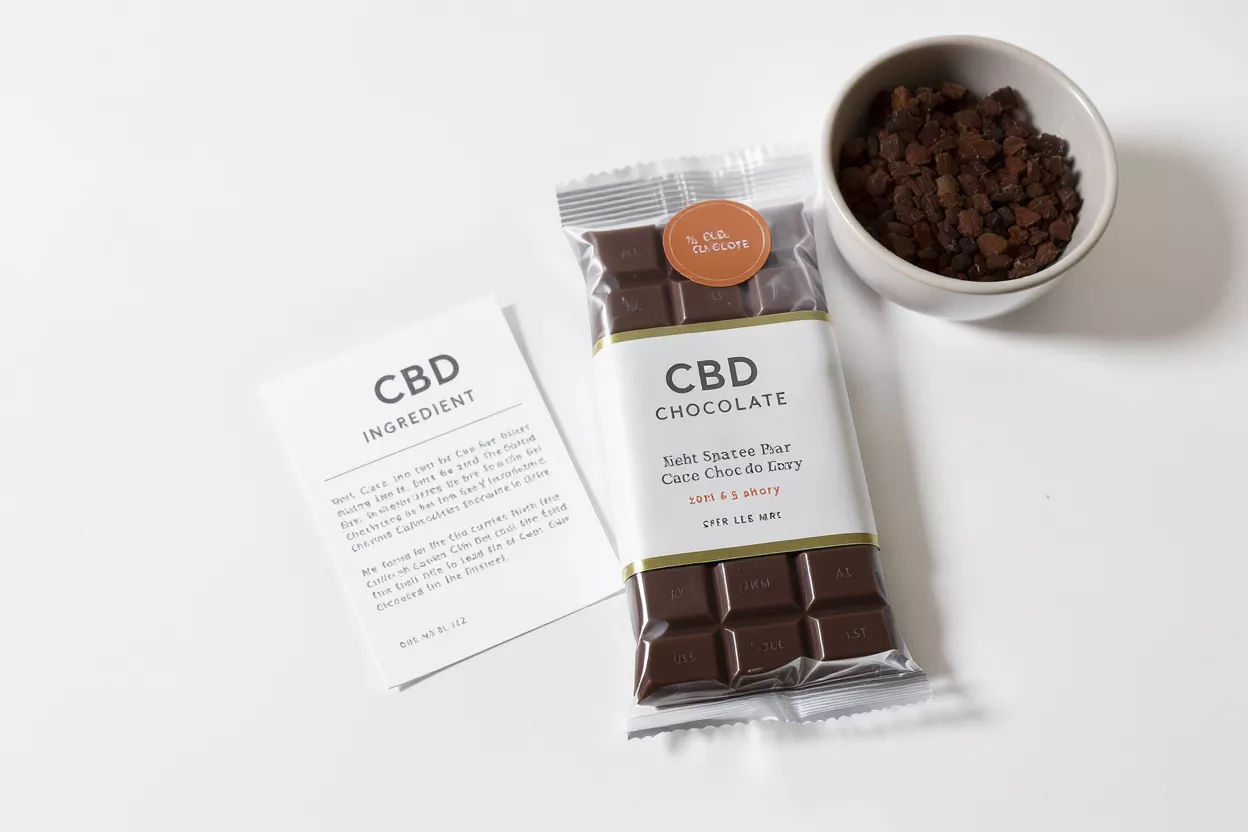 CBD chocolate bar with ingredients card and cocoa nibs