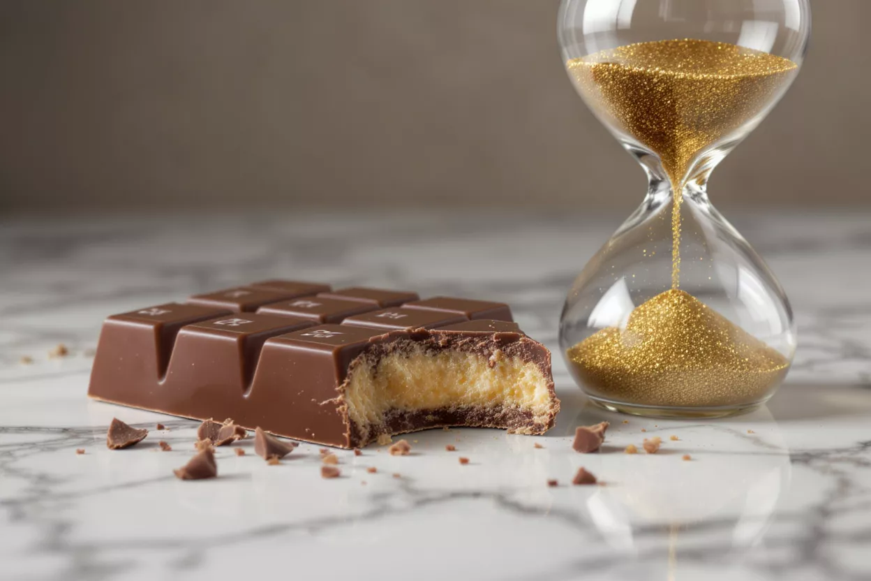A chocolate bar with a bite taken and an hourglass