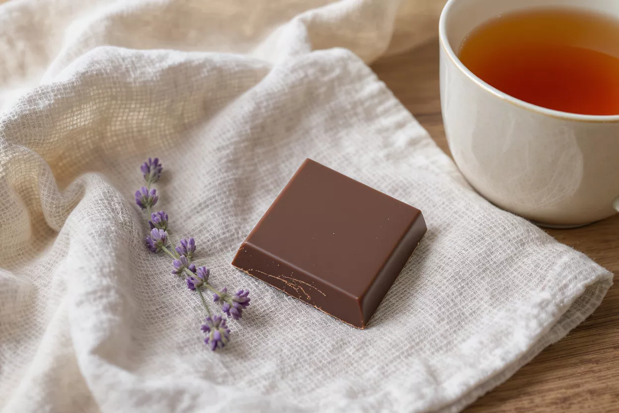 A piece of chocolate with lavender and tea