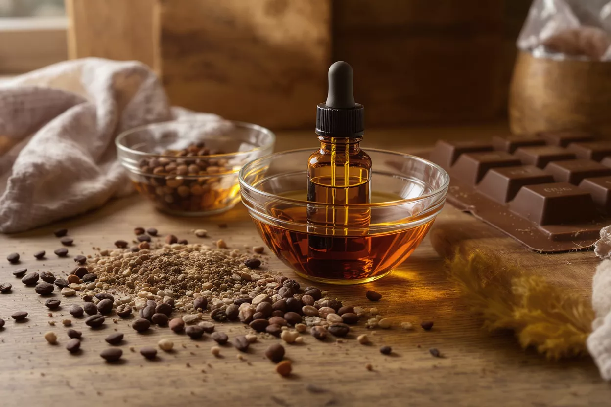 Bowl of coffee oil with scattered coffee beans