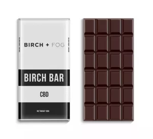 CBD-infused chocolate bar packaging and chocolate pieces