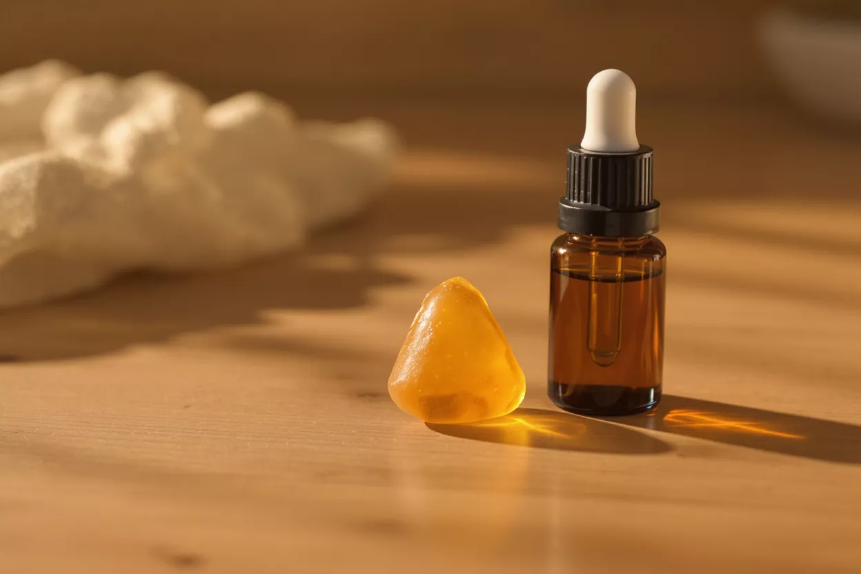 A dropper bottle next to a yellow gem
