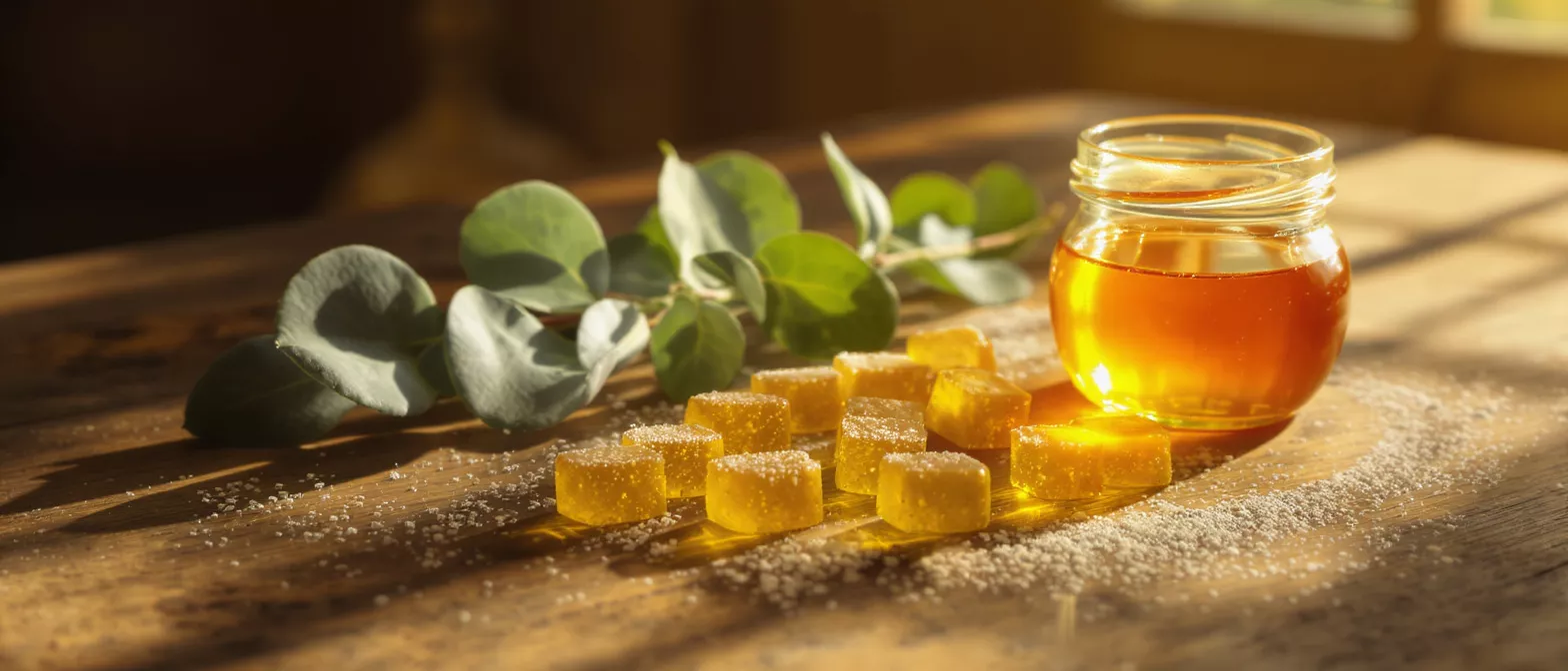 A jar of honey beside yellow candies and eucalyptus leaves