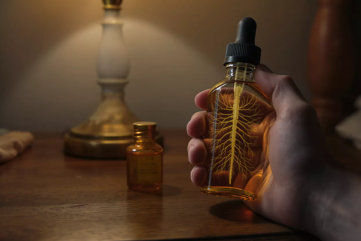 Nervous System Dropper Bottle Hand holding a dropper bottle with a glowing nervous system design inside.
