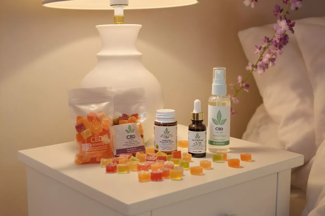 CBD Products for Relaxation Various CBD products, including gummies, oil, and spray, on a bedside table.